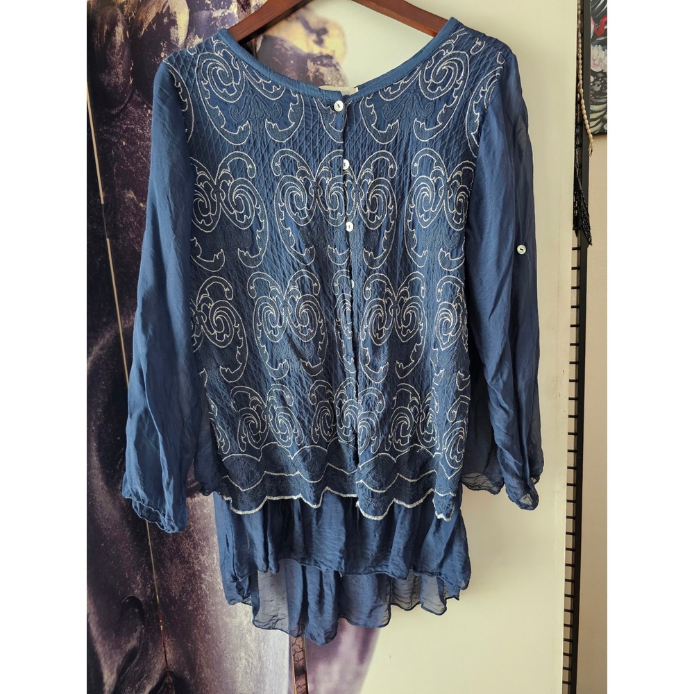 BELLE FRANCE Navy Blue Embroidered Layered Tunic Blouse Boho Roll Tab Sleeve Top